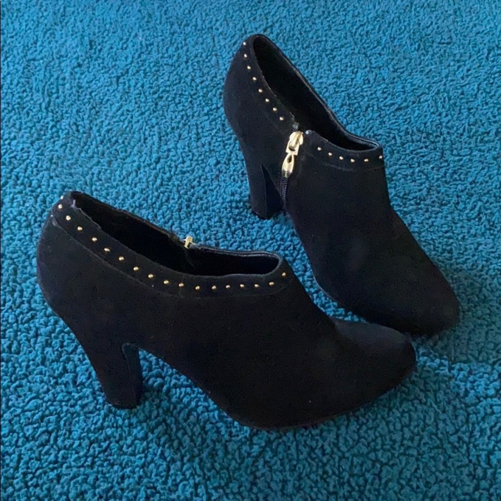 Black Velvety Booties with Gold Embellishments